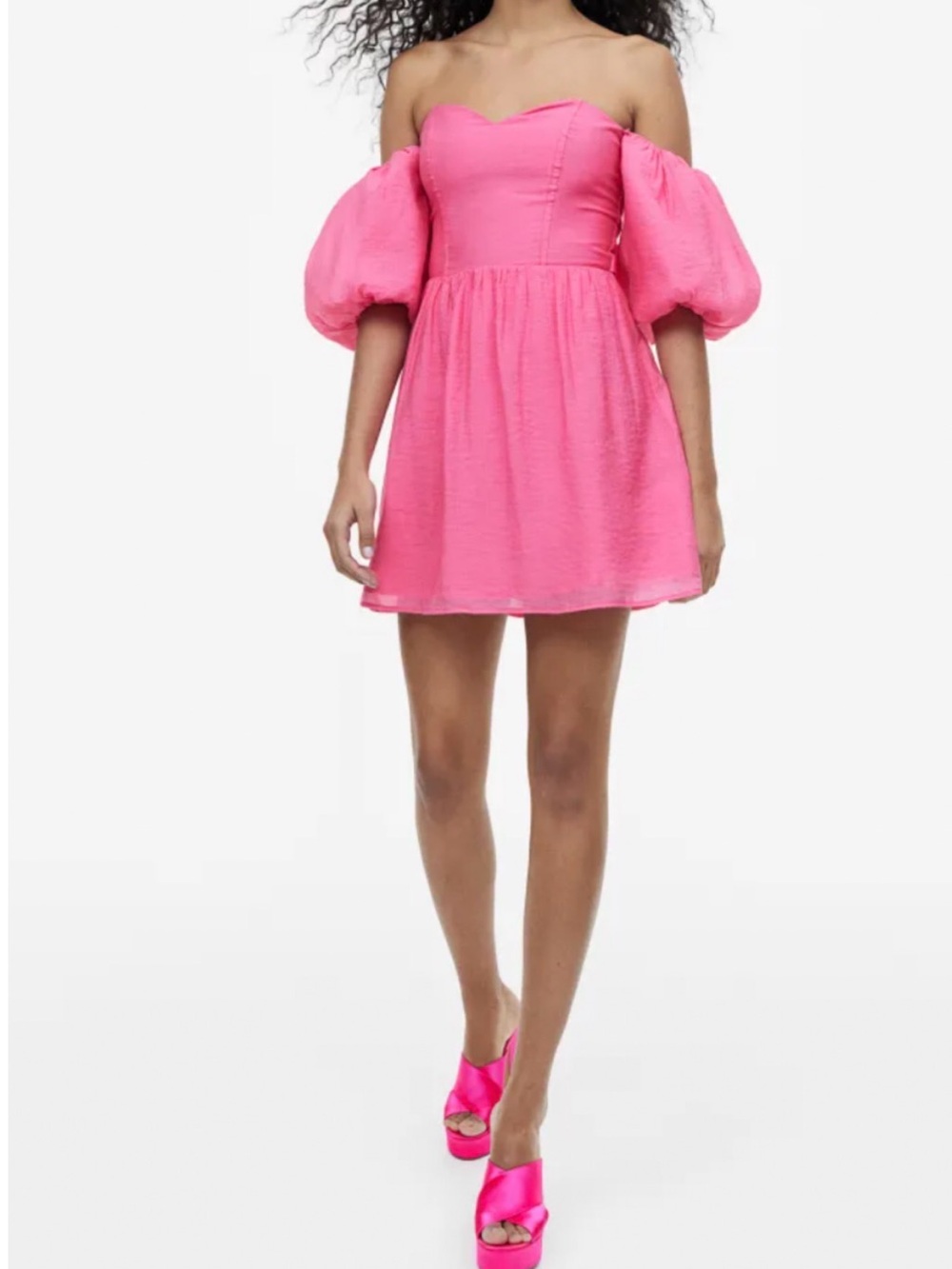 Bold Pink Puff-Sleeve Summer viscose Dress